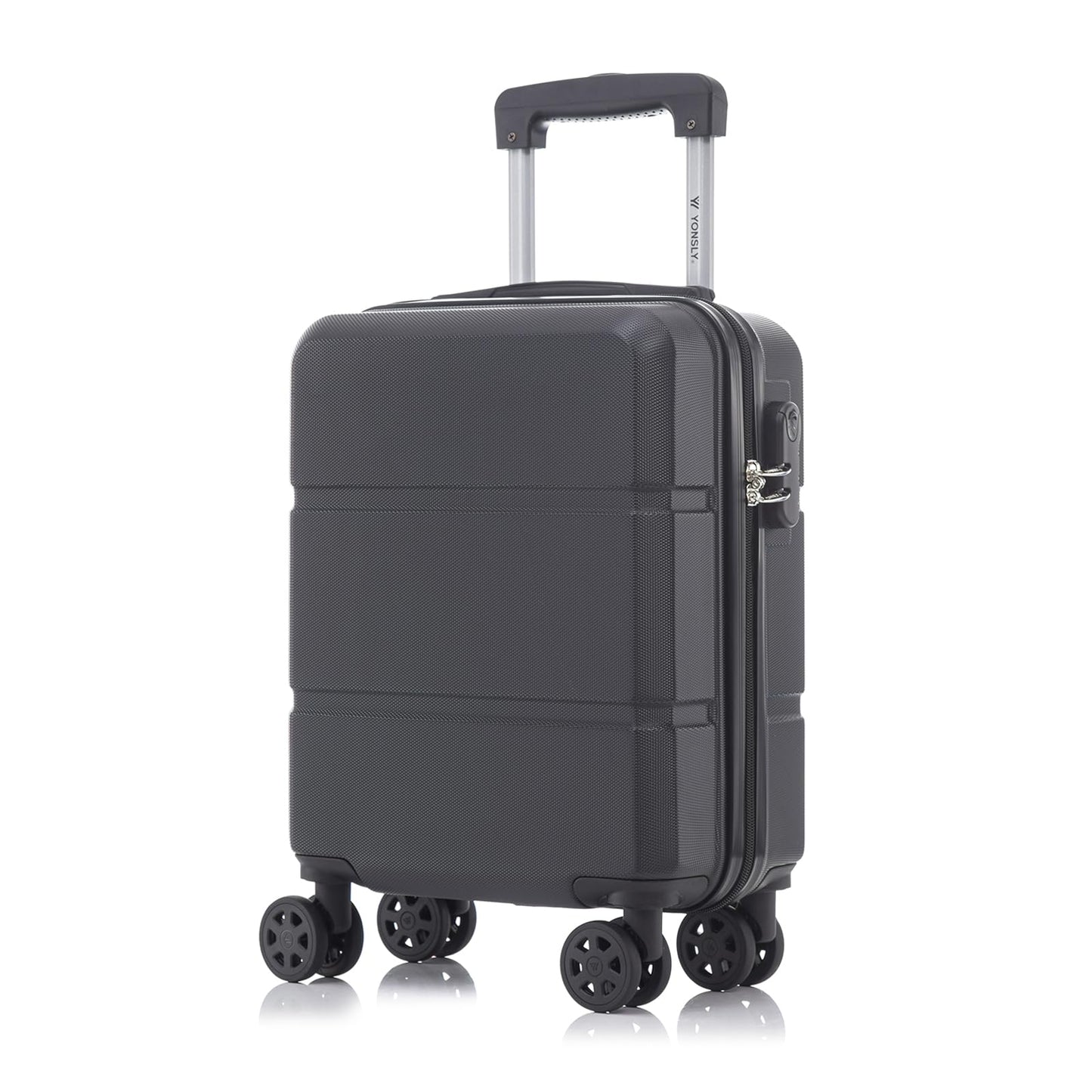 Hartschalen-Trolley dunkelgrau mit 4 Rollen, ausziehbarem Griff und Drehschloss am Rand