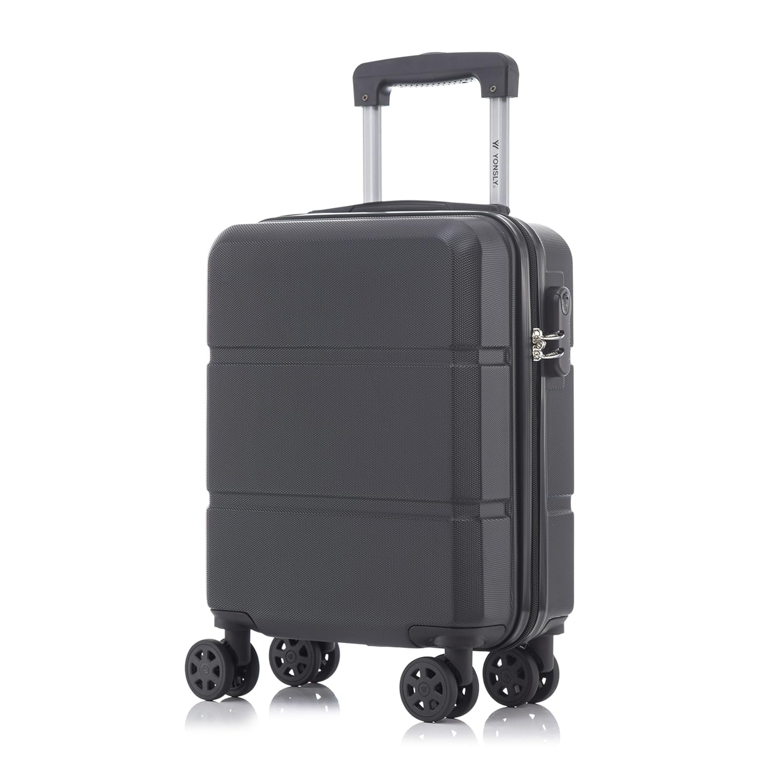 Hartschalen-Trolley dunkelgrau mit 4 Rollen, ausziehbarem Griff und Drehschloss am Rand