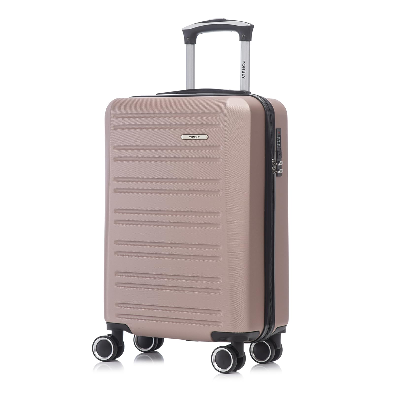 Hartschalen-Rollkoffer in Roségold mit ausziehbarem Griff und 4 Rollen, geriffelte Front