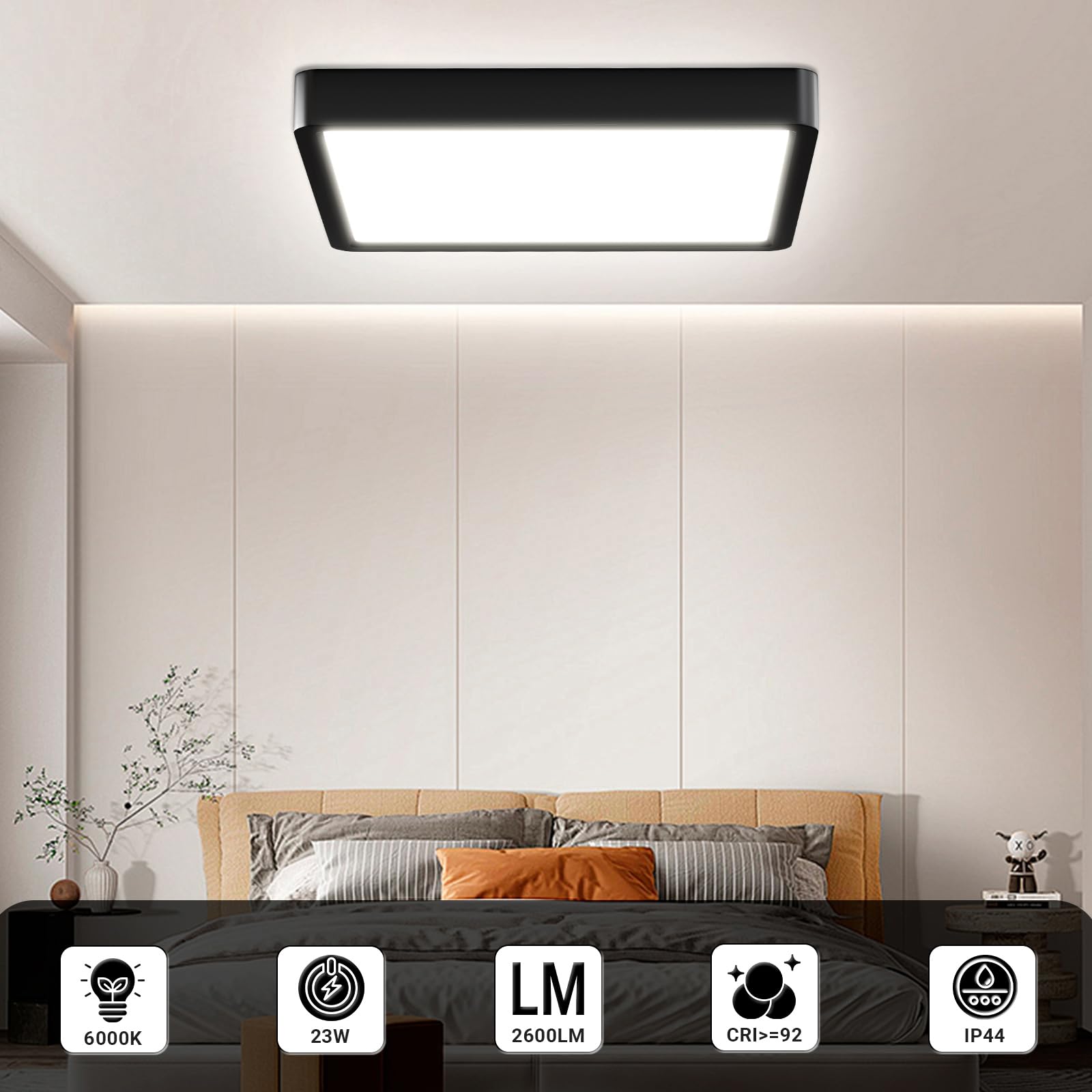 Flache LED-Deckenleuchte mit quadratischem Rahmen, weißes Licht über dem Bett