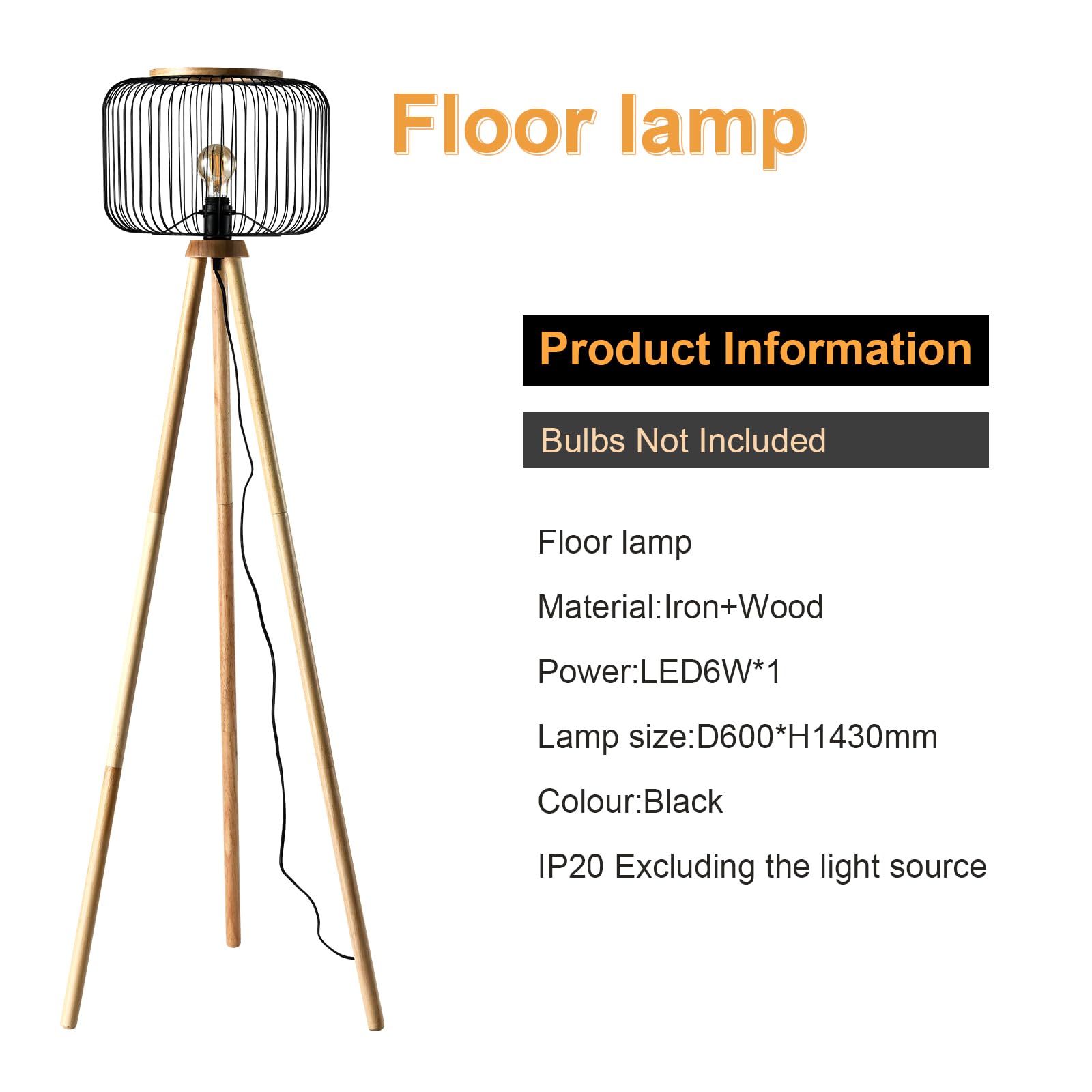 Stehlampe mit schwarzem Drahtschirm und Holz-Dreibeinstativ, Kabel sichtbar