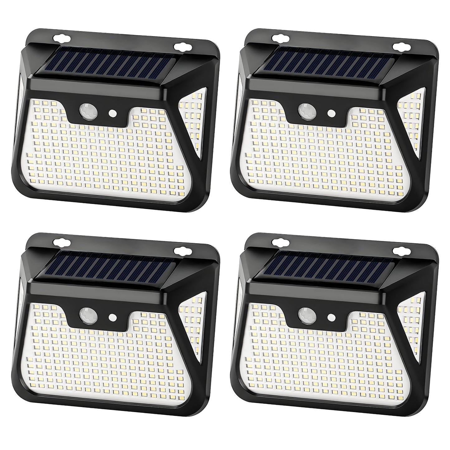 LED-Solar-Wandleuchte mit Bewegungsmelder, schwarzes Gehäuse, großes LED-Panel, 4er-Set