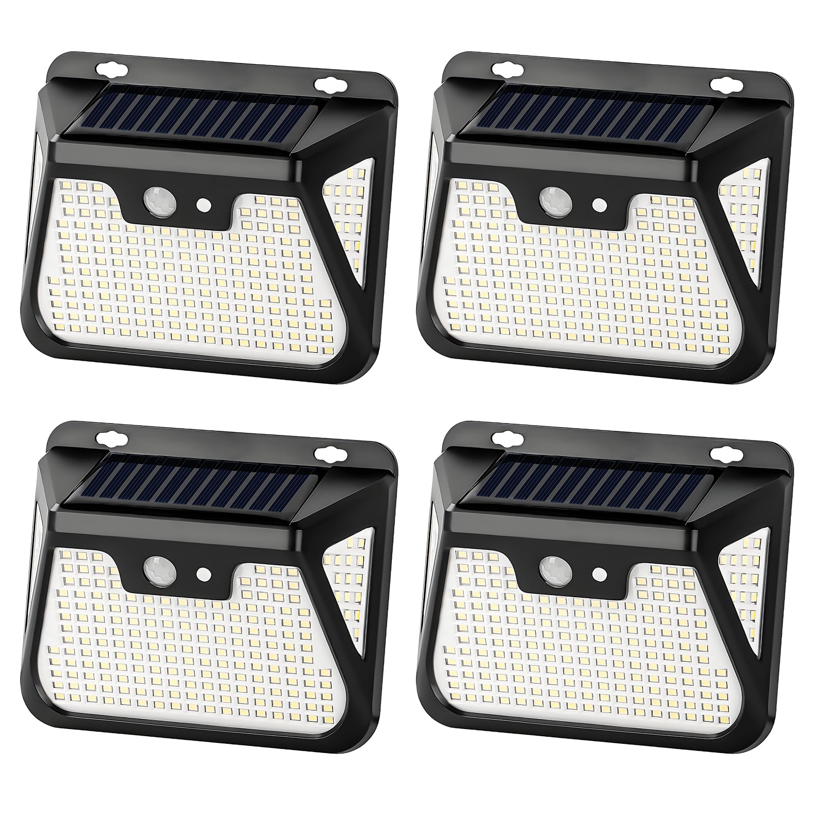 LED-Solar-Wandleuchte mit Bewegungsmelder, schwarzes Gehäuse, großes LED-Panel, 4er-Set