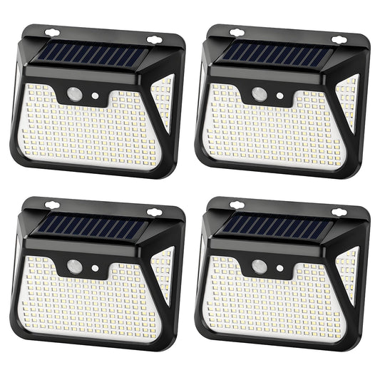 LED-Solar-Wandleuchte mit Bewegungsmelder, schwarzes Gehäuse, großes LED-Panel, 4er-Set