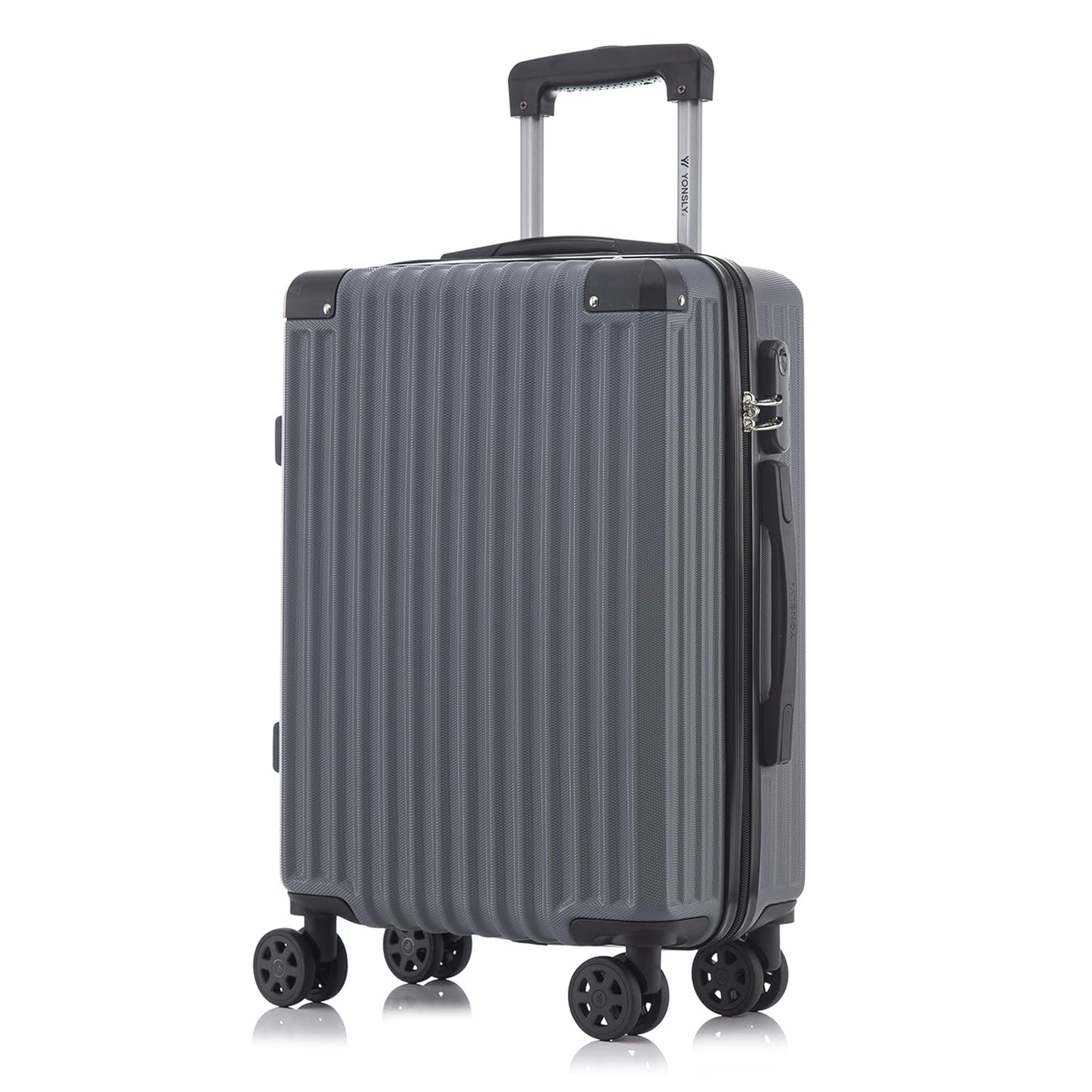 Hartschalen-Trolley mit geriffelter Oberfläche, Teleskopgriff und vier Rollen, grau, Frontansicht