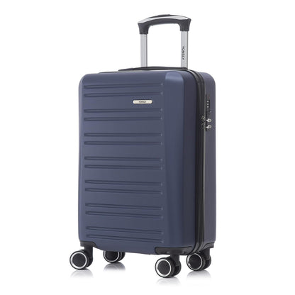 Hartschalen-Rollkoffer in Dunkelblau mit ausziehbarem Griff und 4 Rollen, geriffelte Front