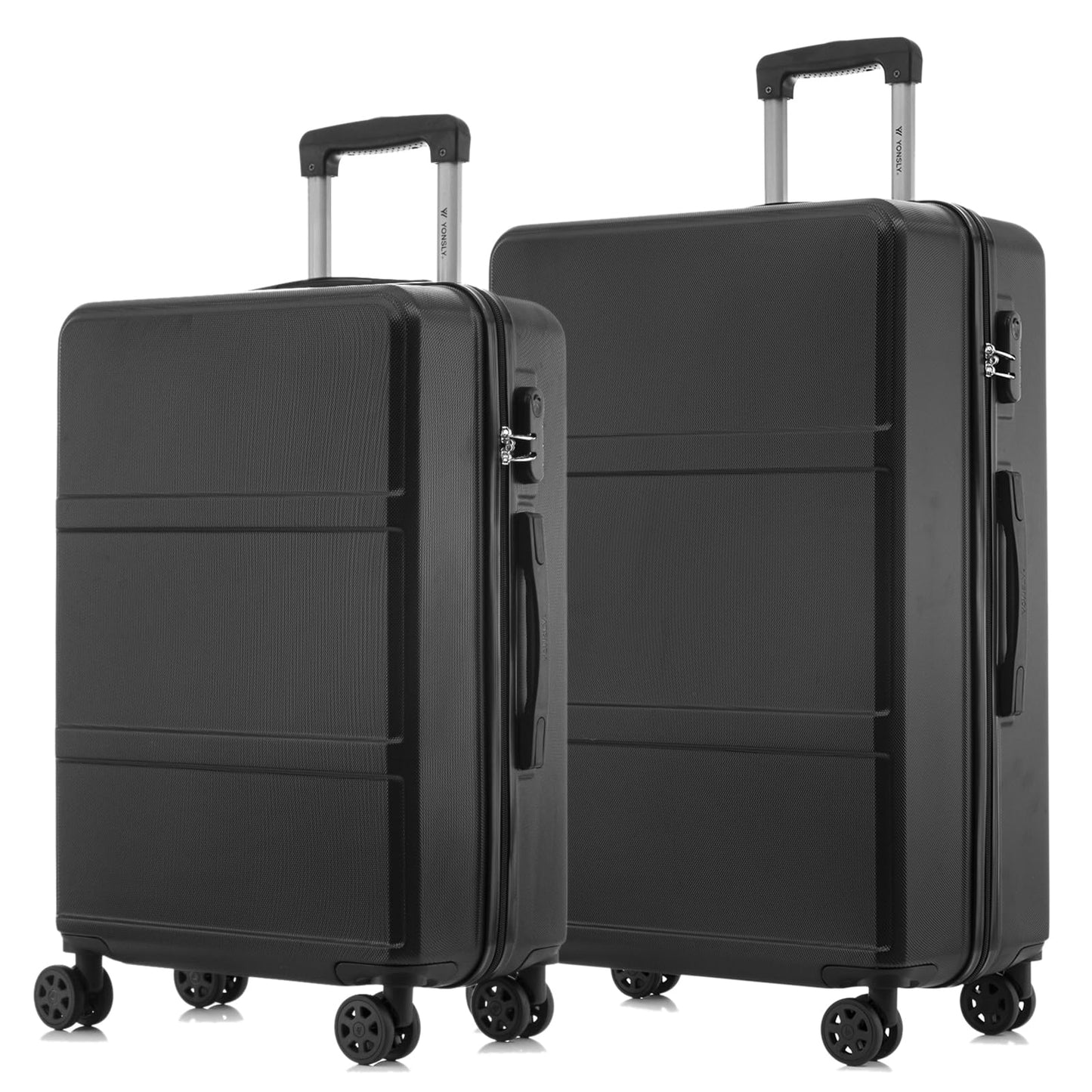 Rollkoffer-Set mit Hartschale, 4 Rollen und ausziehbarem Griff, zwei Koffer in Schwarz