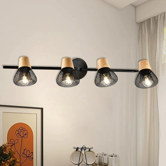 Wandleuchte mit schwarzem Metallbalken und vier Draht-Lampenschirmen, Holzaufsätzen