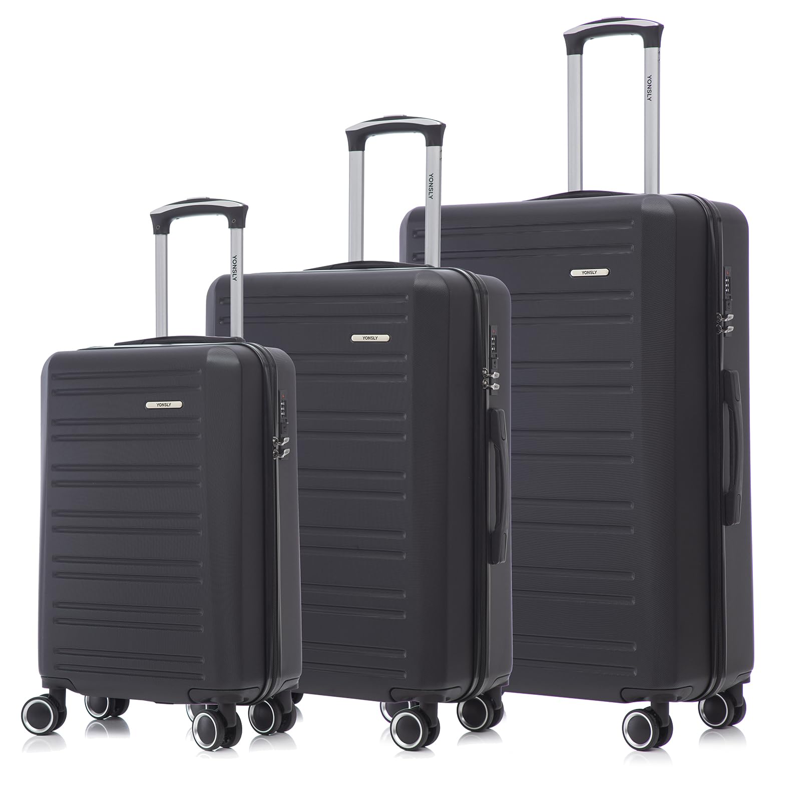 Hartschalen-Kofferset mit 3 Rollkoffern, schwarzer Look, Teleskopgriffe, Doppelrollen