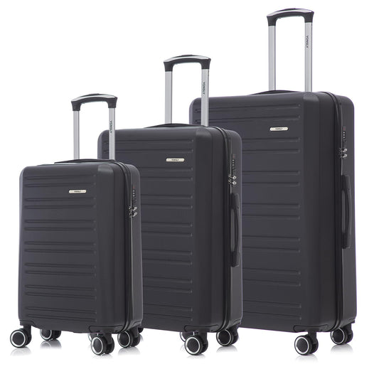 Hartschalen-Kofferset mit 3 Rollkoffern, schwarzer Look, Teleskopgriffe, Doppelrollen