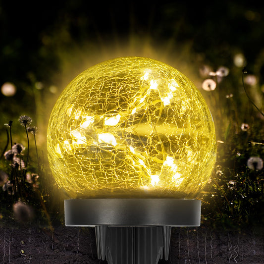 Solar-Bodenleuchte mit kugelförmigem Crackle-Glas und warmweißem Licht, schwarz