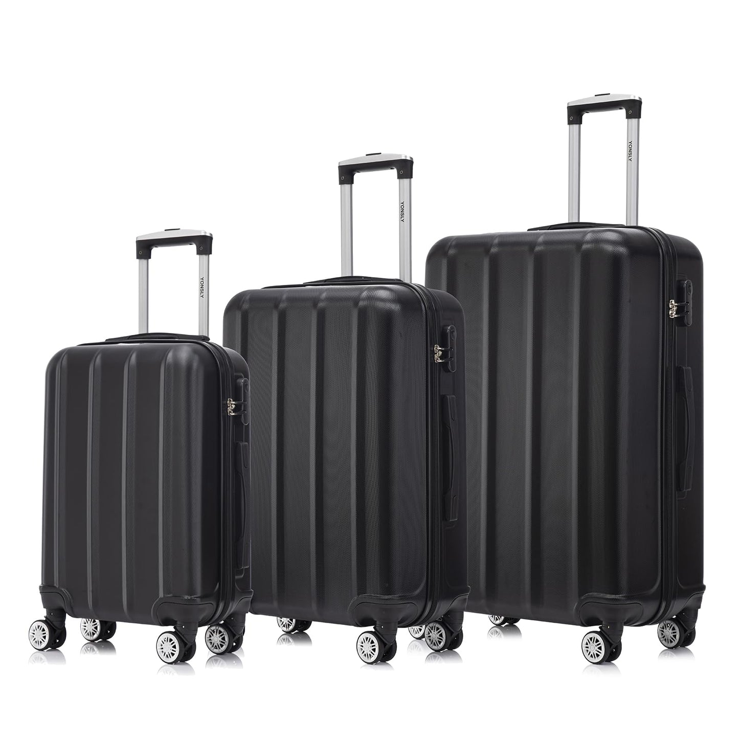 Hartschalen-Reisekoffer-Set (3-teilig) in Schwarz, ausziehbarer Trolley, 4 Rollen