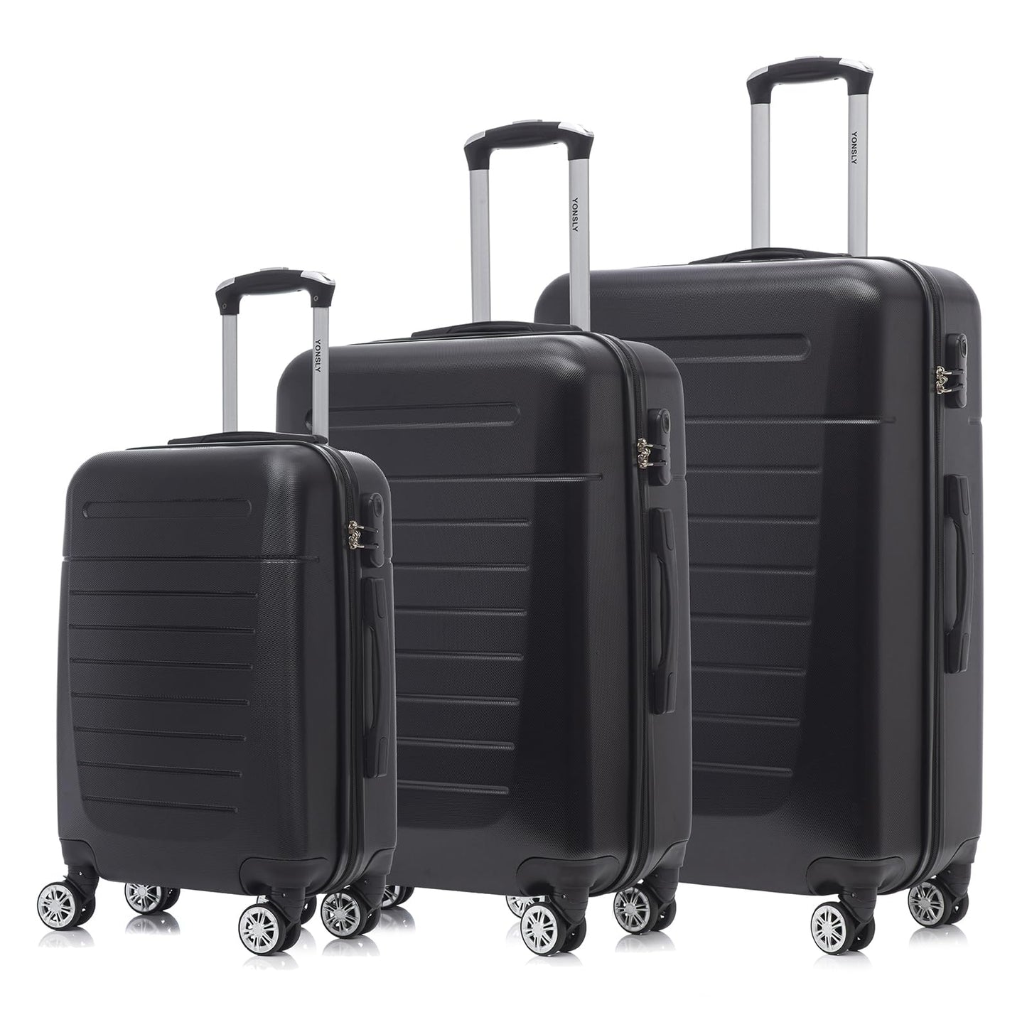 3er Hartschalen-Trolley-Set: schwarze Koffer mit Rollen und ausziehbarem Griff