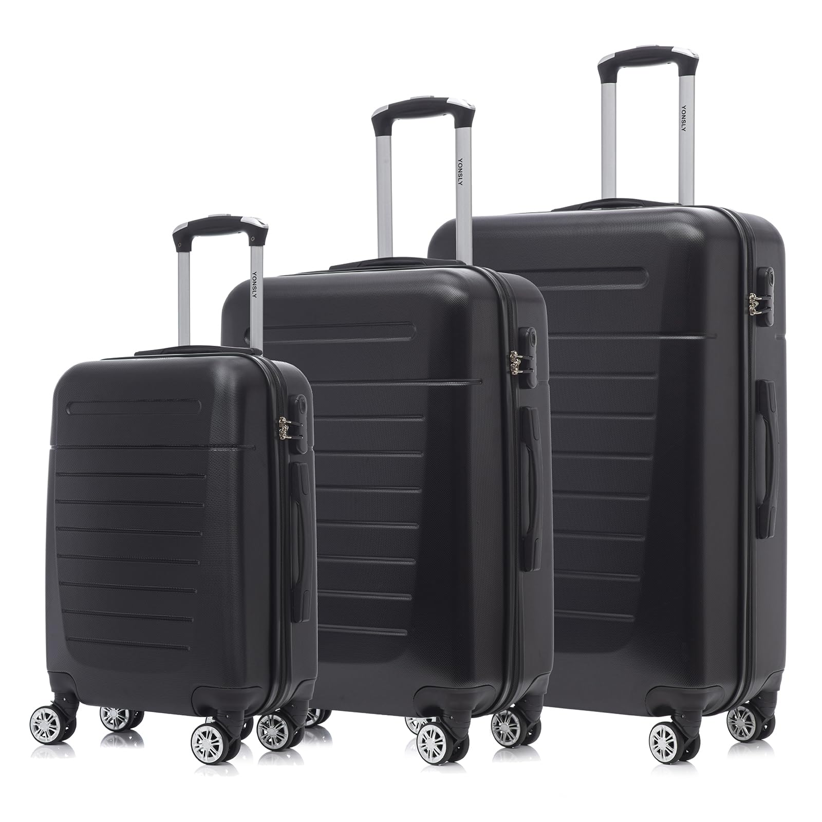 3er Hartschalen-Trolley-Set: schwarze Koffer mit Rollen und ausziehbarem Griff