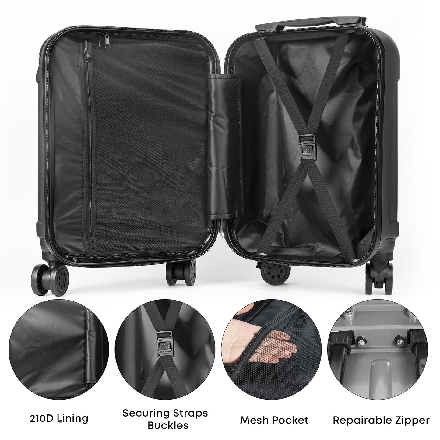Reisekoffer-Set mit geöffnetem Innenfach, Tragegurten und Mesh-Tasche, Schwarz