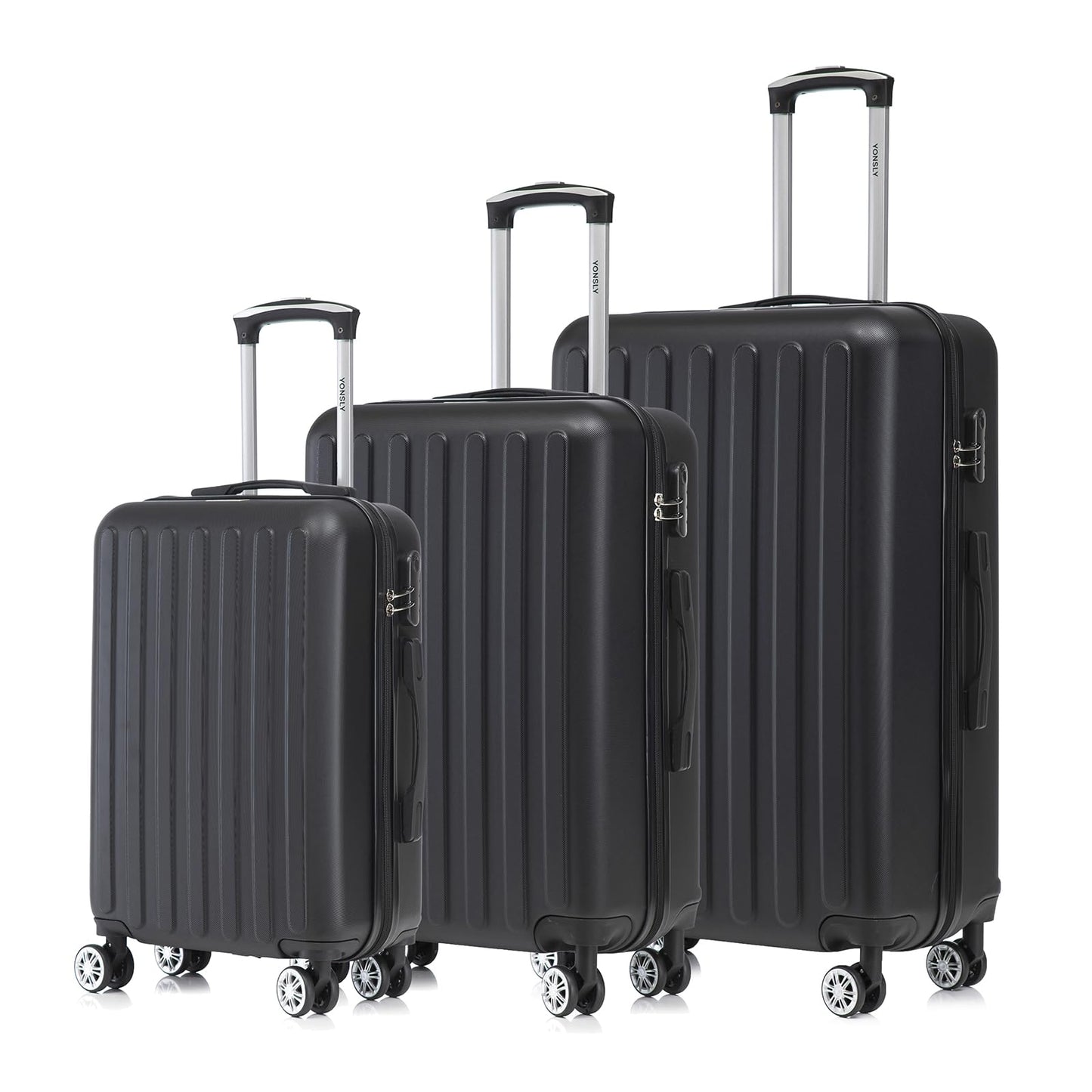 Hartschalen-Kofferset (3-teilig) in Schwarz mit Trolleygriff, 4 Rollen und Zahlenschloss