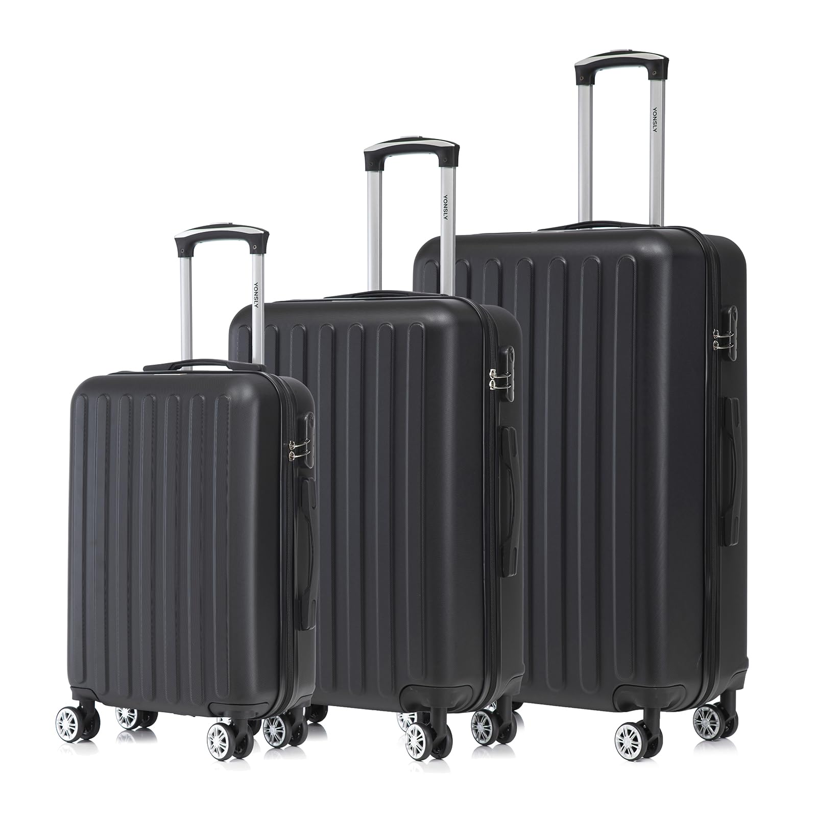 Hartschalen-Kofferset (3-teilig) in Schwarz mit Trolleygriff, 4 Rollen und Zahlenschloss