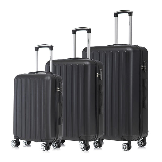 Hartschalen-Kofferset (3-teilig) in Schwarz mit Trolleygriff, 4 Rollen und Zahlenschloss