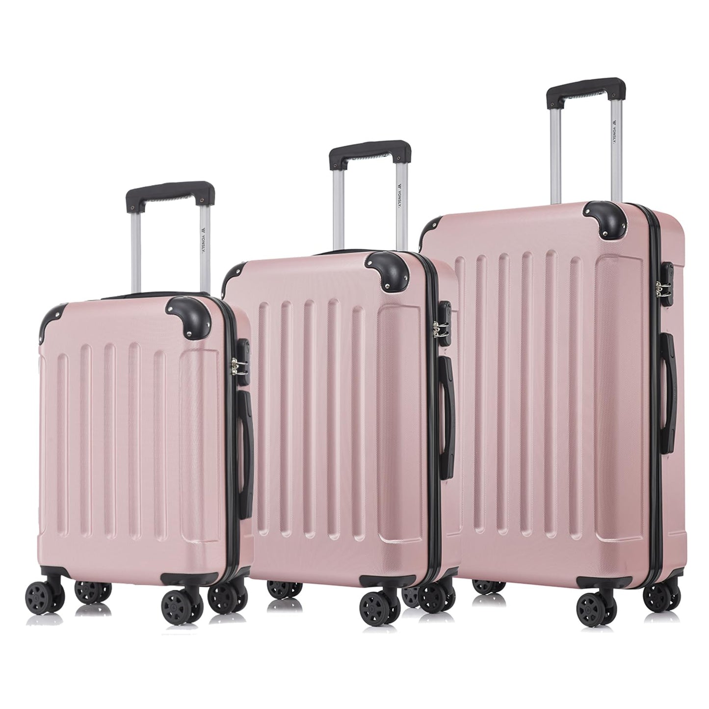 Hartschalen-Kofferset mit 3 Trolleys, 4 Rollen, ausziehbarem Griff, rosé