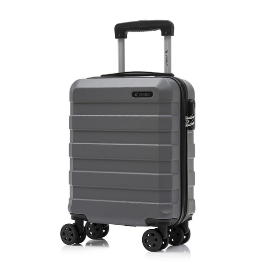 Grauer Hartschalen-Trolley mit Teleskopgriff und 4 Rollen, vordere Ansicht