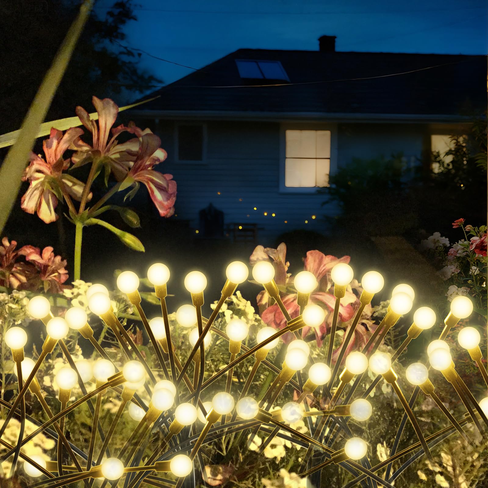 Solar-Gartenleuchte mit 6 warmweißen LED-Glühwürmchenlichtern an flexiblen Stäben