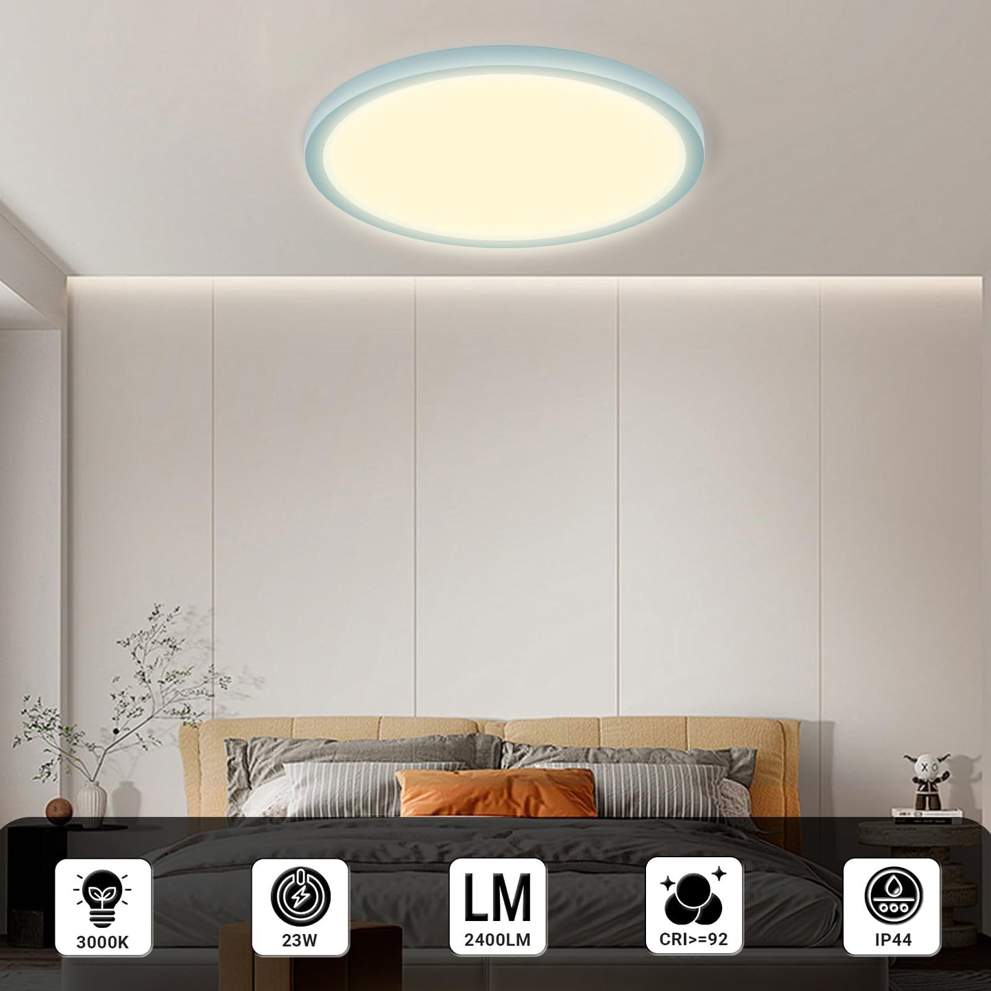 Runde LED-Deckenleuchte mit blauem Außenring und warmweißem Licht im Innenraum