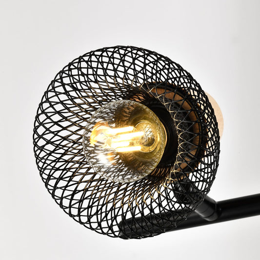 Wandleuchte mit rundem Mesh-Schirm und sichtbarer Glühbirne, schwarzes Metall, Holzrand