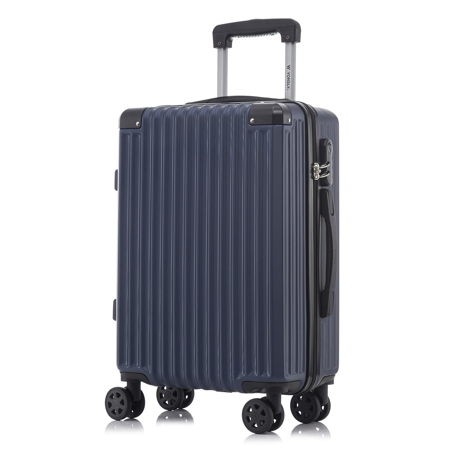 Hartschalen-Trolley dunkelblau, gerippte Oberfläche, 4 Rollen, Teleskopgriff, Zahlenschloss