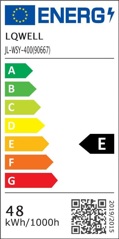 Energieeffizienzlabel LQWELL mit QR-Code und Angaben zu 48 kWh/1000 h
