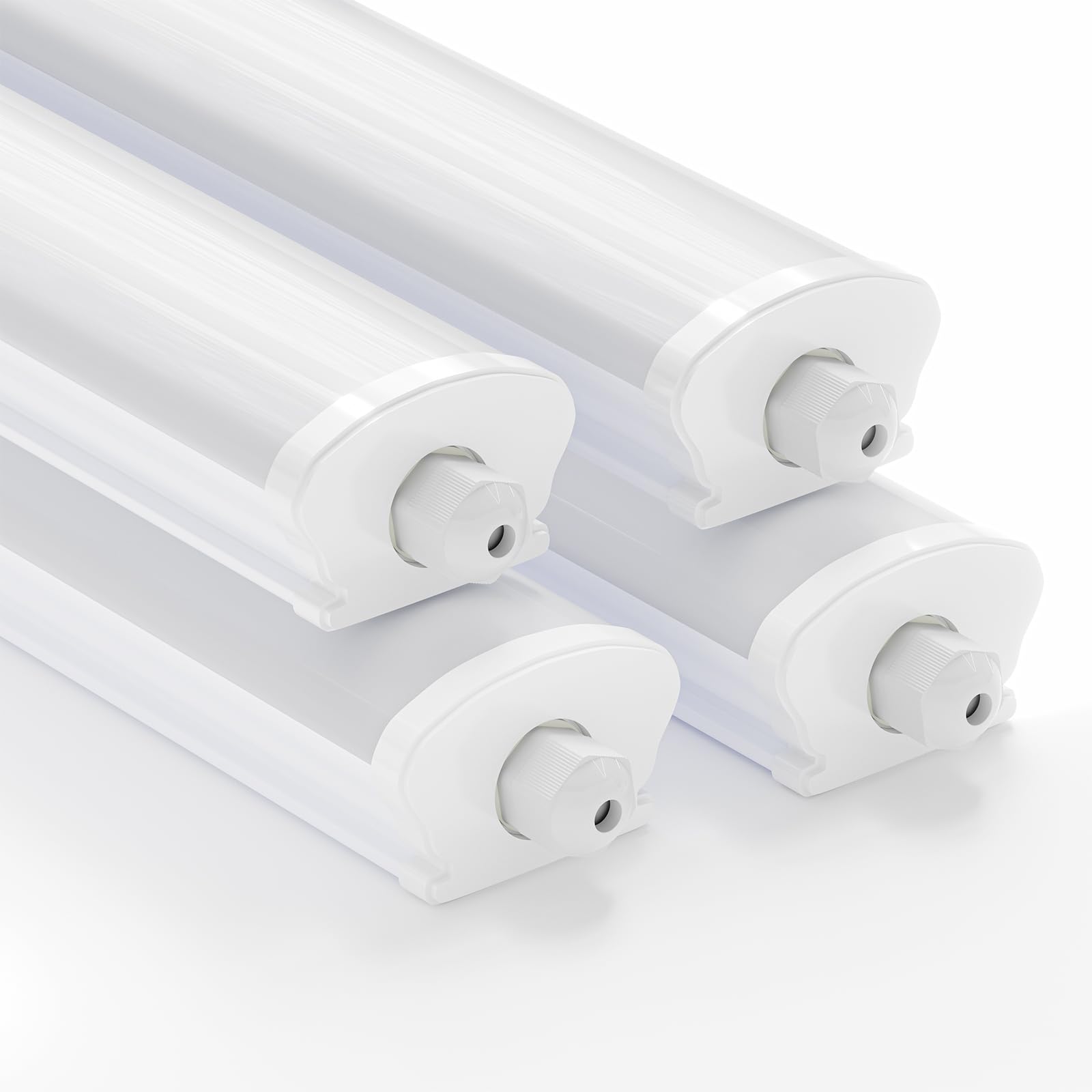 LED-Feuchtraumleuchte mit vier weißen Röhren und Endkappen, IP65.