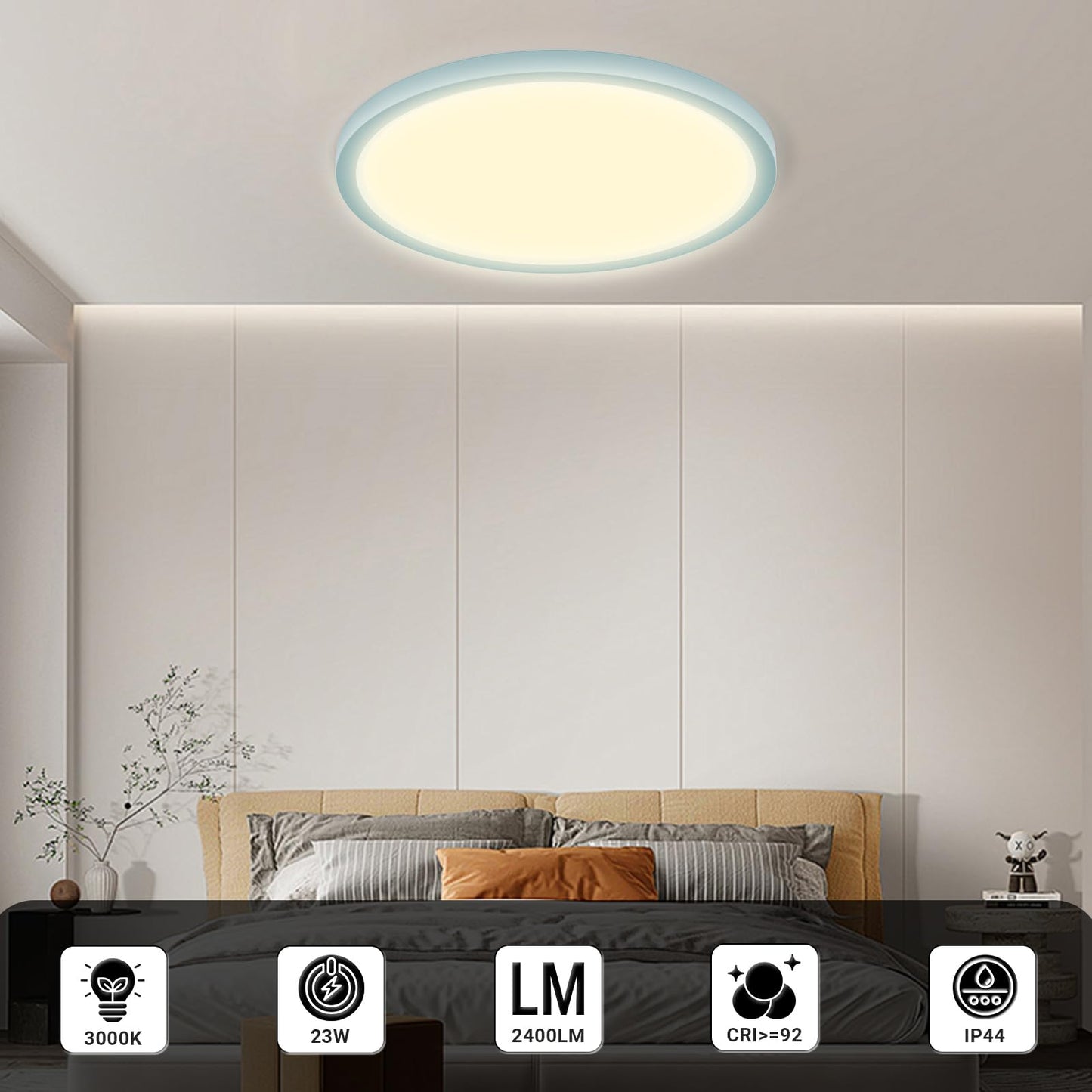 Runde LED-Deckenleuchte für Decke, warmweißes Licht, umlaufender LED-Ring, IP44