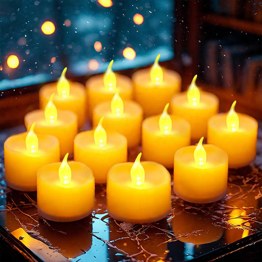 LED-Teelichter: gelbe Kunststoffkerzen mit flackernder Flamme und warmem Licht