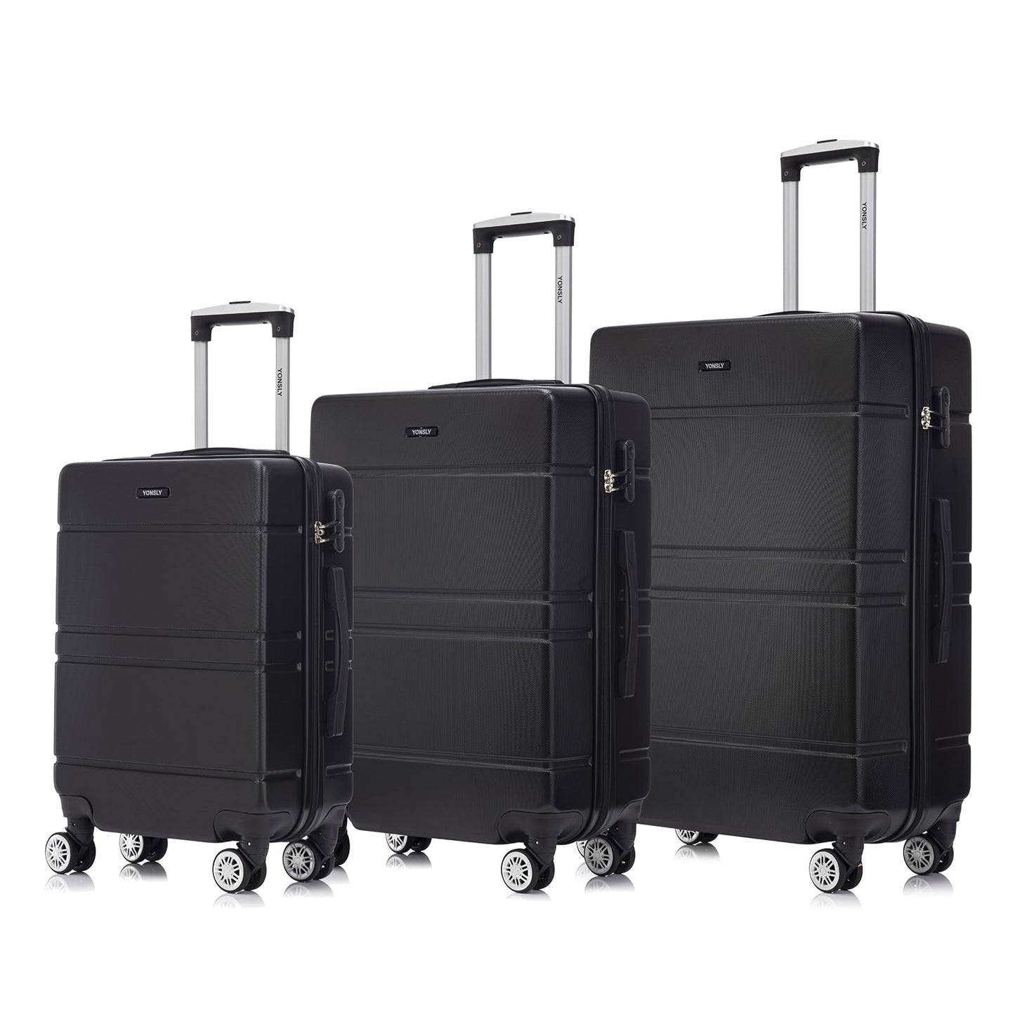 Hartschalen-Reisekoffer-Set mit 4 Rollen (3er Set), Schwarz, mit ausziehbarem Griff