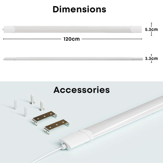 LED-Feuchtraumleuchte, Maßangaben 120 cm Länge und Montagezubehör