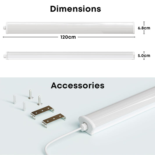LED-Feuchtraumleuchte, Maße und Zubehör: 120 cm Länge, 6,8 cm Breite