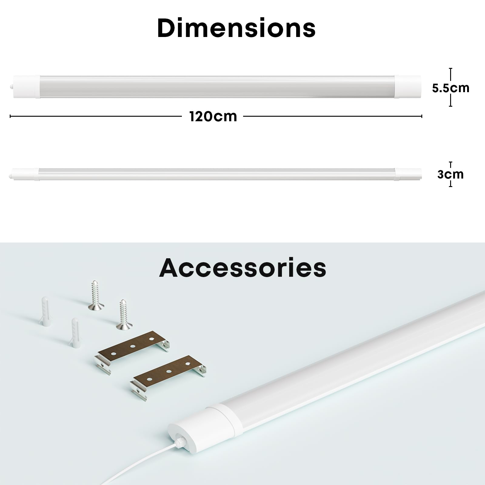 LED-Feuchtraumleuchte, lange weiße Leiste (120 cm) mit Befestigungszubehör