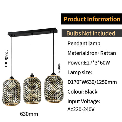 Pendellampe mit drei Rattan-Laternen, höhenverstellbares Gestell, schwarz-gold