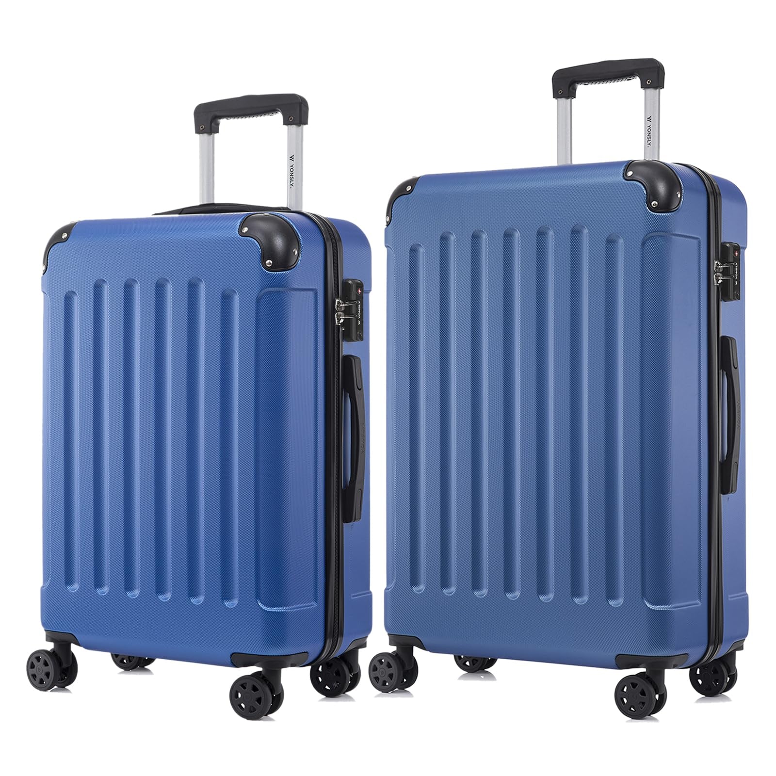 Hartschalen-Reisekoffer-Set in Blau mit TSA-Schloss, 4 Rollen und Teleskopgriff.
