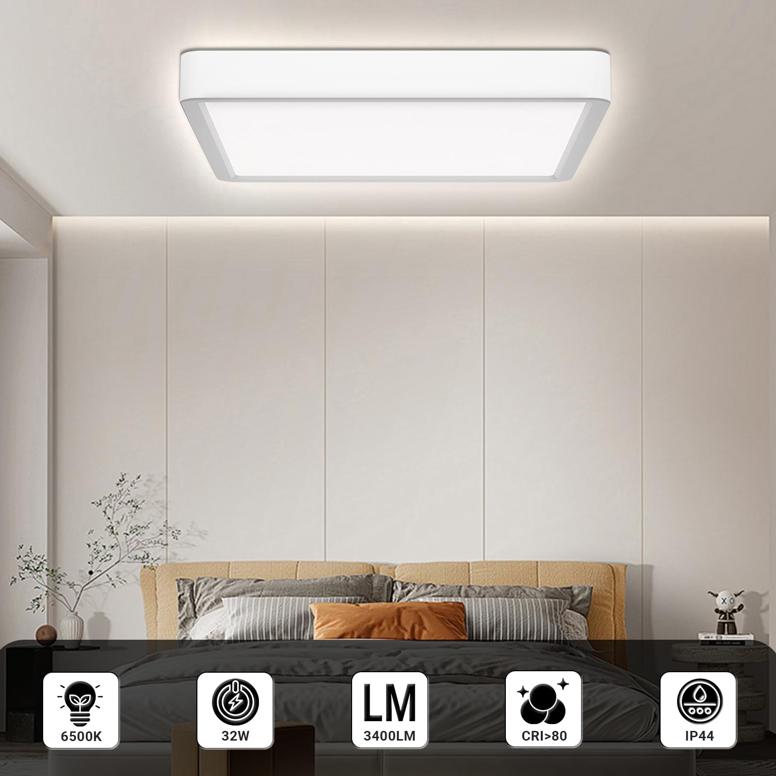 Flache quadratische LED-Deckenleuchte mit weißem Rahmen an der Decke