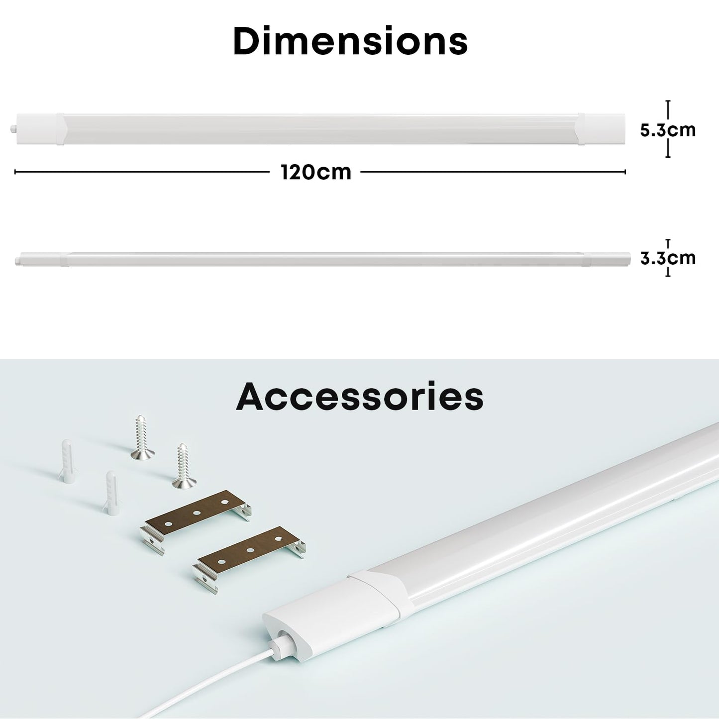 LED-Feuchtraumleuchte, 120 cm lange Wannenleuchte mit Montageklemmen, weiß