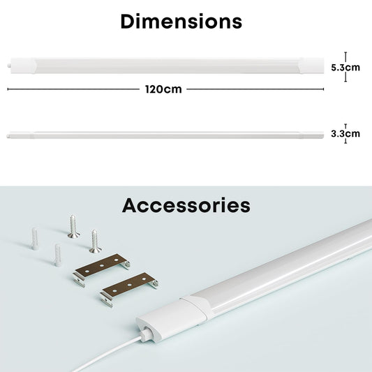 LED-Feuchtraumleuchte mit Maßangaben: 120 cm Länge, 5,3×3,3 cm Querschnitt.