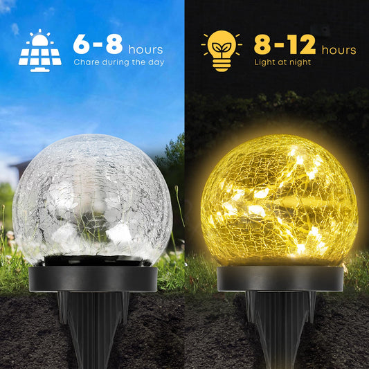 Solar-Bodenleuchten-Set mit Crackle-Glas-Kugeln, grau und warmweiß beleuchtet