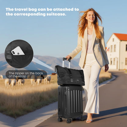 Reisekoffer mit Anbau-Reisetasche und Schultergurt, Hartschale mit Zahlenschloss, Schwarz