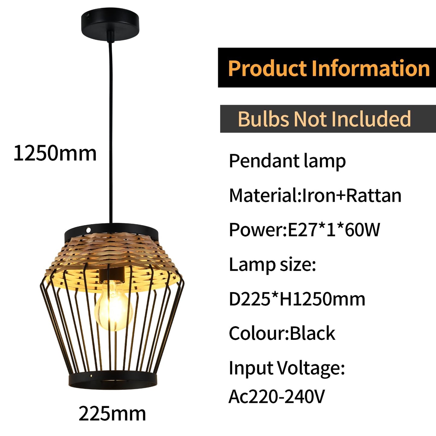 LQWELL® Pendelleuchte: schwarzer Metallrahmen, Rattankorb und E27-Fassung