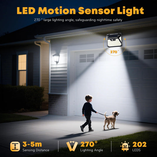 LED-Solarleuchte mit Bewegungsmelder am Haus, helles Lichtfeld nach vorn, schwarz