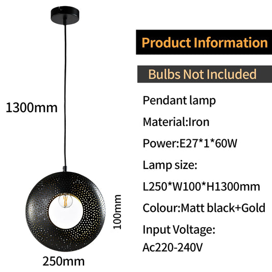 Schwarze Pendellampe mit perforiertem Schirm und goldfarbenen Akzenten, E27