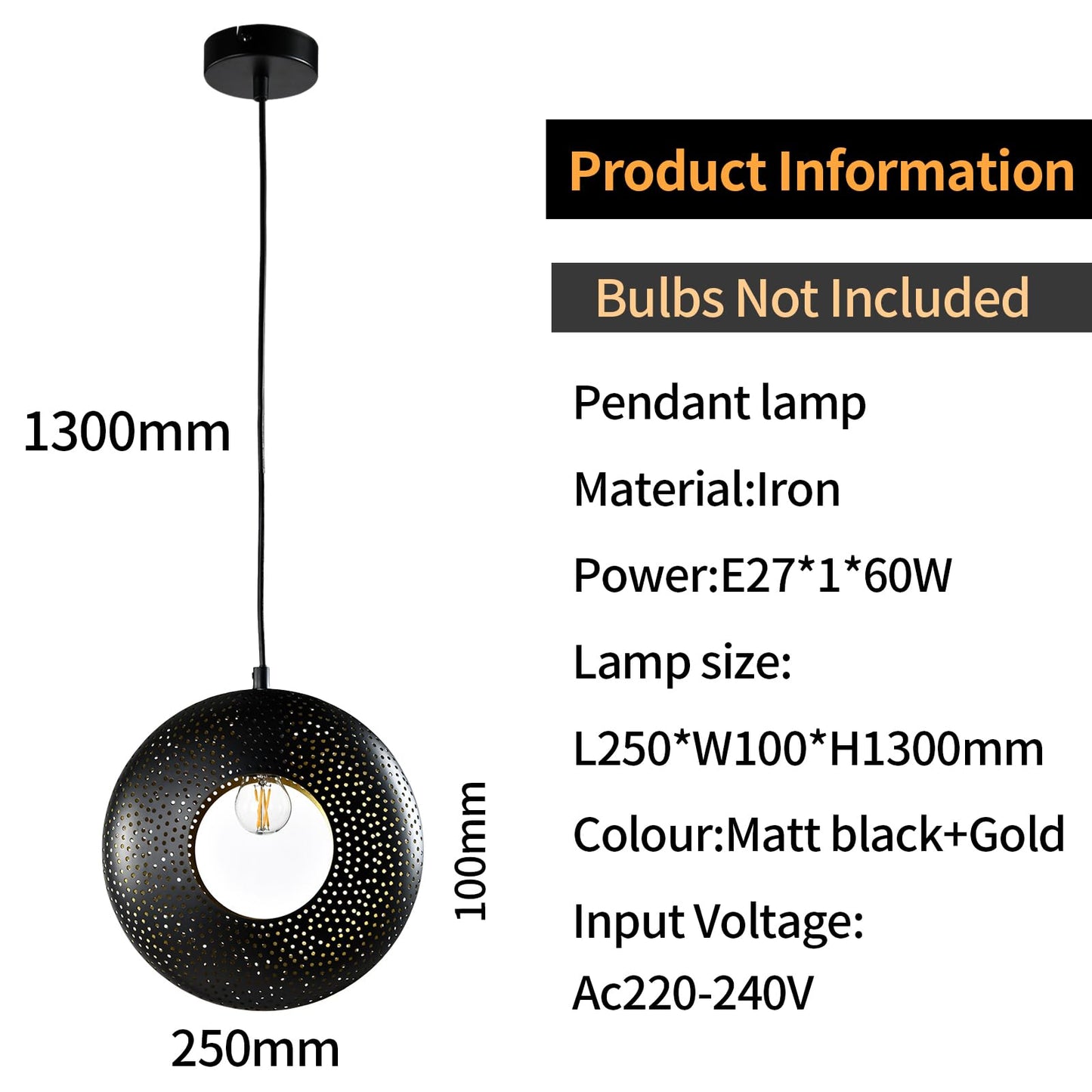 Schwarze Pendellampe mit perforiertem Schirm und goldfarbenen Akzenten, E27