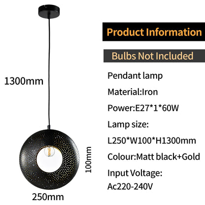 Schwarze Pendellampe mit perforiertem Schirm und goldfarbenen Akzenten, E27