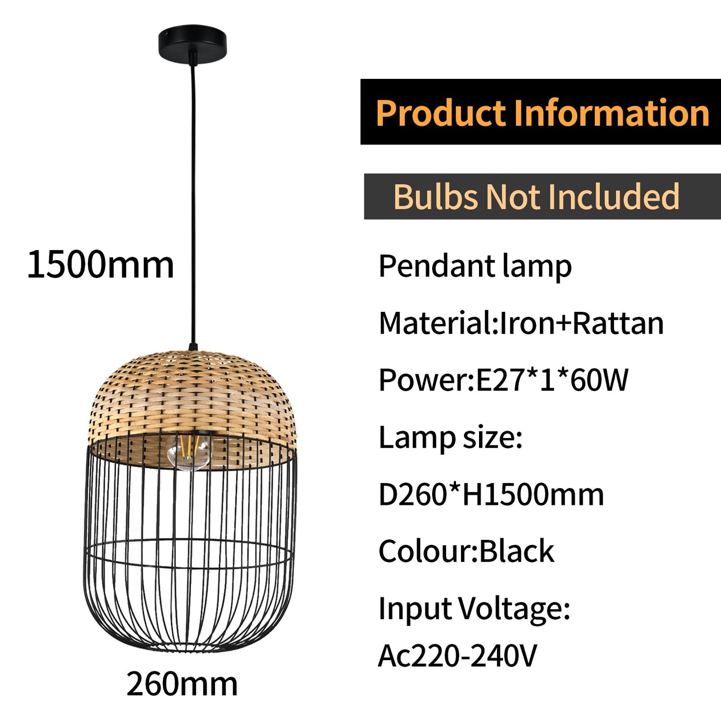 Hängelampe mit höhenverstellbarem schwarzen Kabel und rattanem Schirm über Drahtkorb
