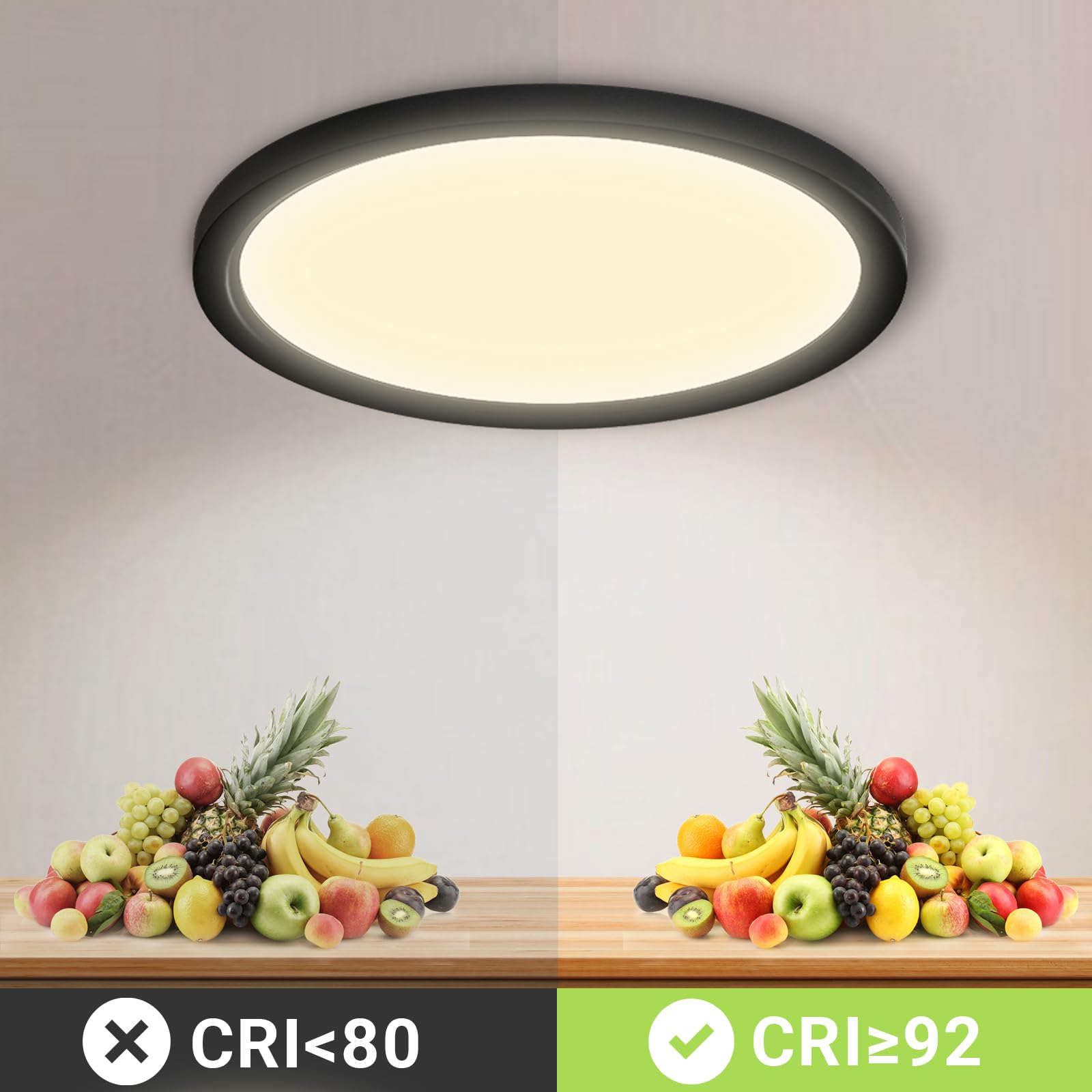 Runde LED-Deckenleuchte an der Decke, warmweißes Licht, schwarzer Rand